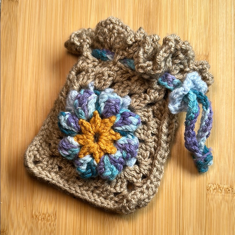 Handmade Crochet Bag with Brown and Yellow Floral Design